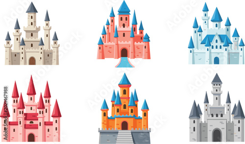 Εκτύπωση καμβά Fairy tale castle vector illustration set with colorful towers, medieval archite