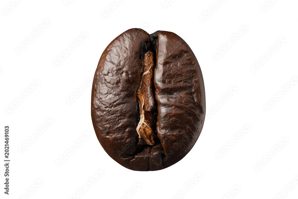 Naklejka premium Coffee bean macro capturing detail of roasted texture and central groove, isolated for beverage ingredient concept