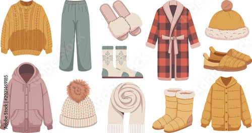 Fotografía Warm autumn and winter seasonal clothes collection with knitted sweater, outerwear jackets, woolen hats, comfortable home slippers, fluffy socks and a warm scarf