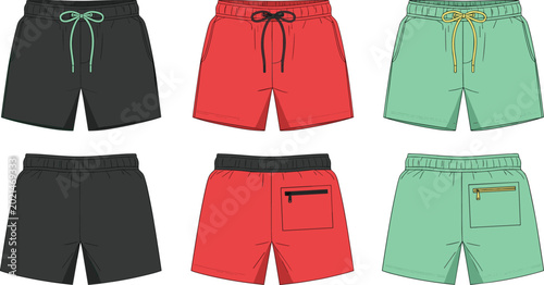 Schilderij op canvas Men’s swim shorts vector illustration set with drawstring waist, pockets, and fr