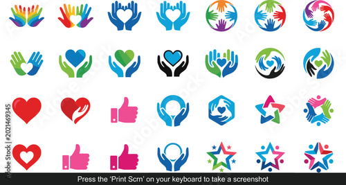 Abstract helping hands charity icon vector illustration set featuring colorful diversity care emblems family partnership community support and love symbols isolated on white.
