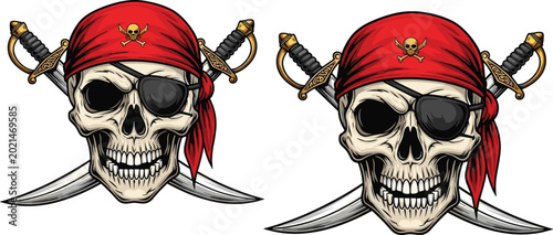 Photos Pirate skull vector illustration set with red bandana, eye patch, crossed swords