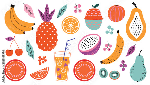Bild auf Leinwand Tropical fruit mix and refreshing juice glass surrounded by exotic plant element