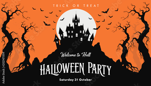 Tableau sur toile Scary Halloween castle silhouette vector with haunted trees, bats, and eerie moonlit night background atmosphere