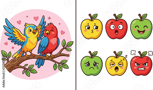 Bilde på lerret Cute cartoon lovebirds on a tree branch and colorful apple emoji characters vector set featuring various happy sad and angry fruit expressions