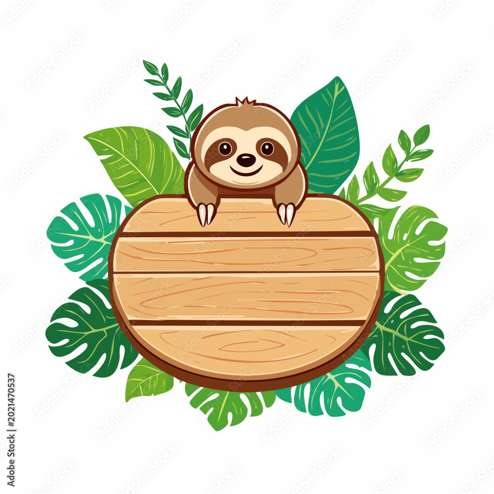 Fototapeta premium Cute Sloth Peeking Over Wooden Sign Surrounded by Tropical Leaves