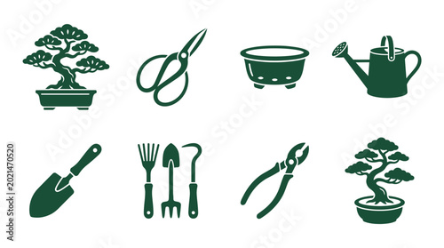 Bonsai Gardening Tools and Equipment Icon Set Collection.