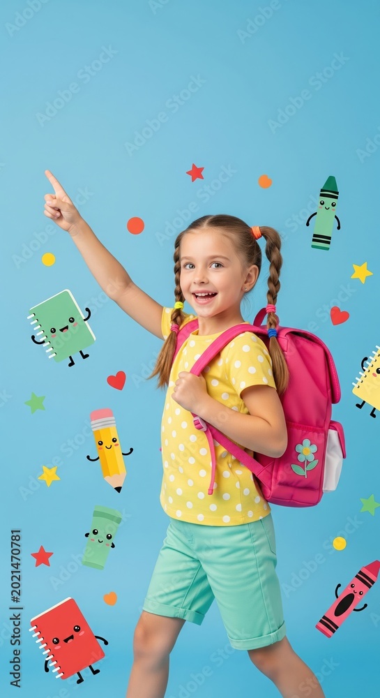 Fototapeta premium Girl with backpack pointing up, surrounded by cartoon school supplies on blue backdrop. A cheerful studio shot filled with optimism. . School spirit, academic success, bright future.