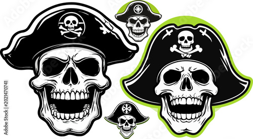 Cuadro en lienzo Pirate skull vector set, grinning skeleton heads wearing black bicorne hats with