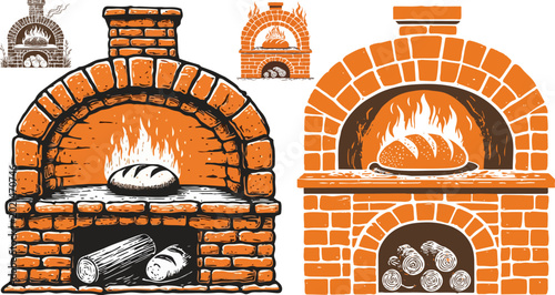 Tableau sur toile Vintage brick oven vector set, rustic wood fired stone oven with fresh bread and
