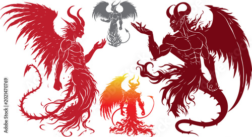 Εκτύπωση καμβά Demonic winged creatures vector set, mythical devil silhouettes with horns and t