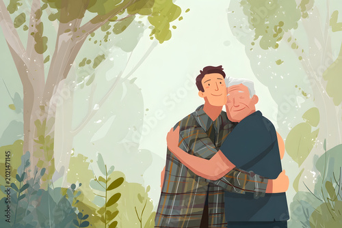 Adult son embracing elderly father in a warm hug, expressing family connection, care, and support with smiling faces in a green natural outdoor environment
