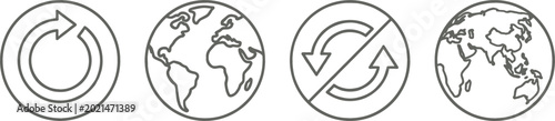 Foto Global recycling and sustainability icon set vector featuring linear style earth globes and circular refresh arrows for environmental conservation concepts