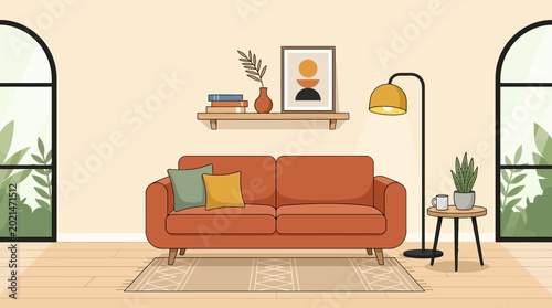 Foto Modern living room orange couch furniture.