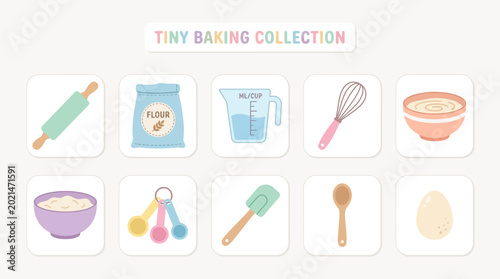 Colorful illustration of baking tools and ingredients arranged in a playful layout for culinary use