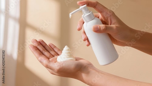 A person dispenses white lotion from a pump bottle into their open hand against a plain warm background, illustrating a skincare routine.