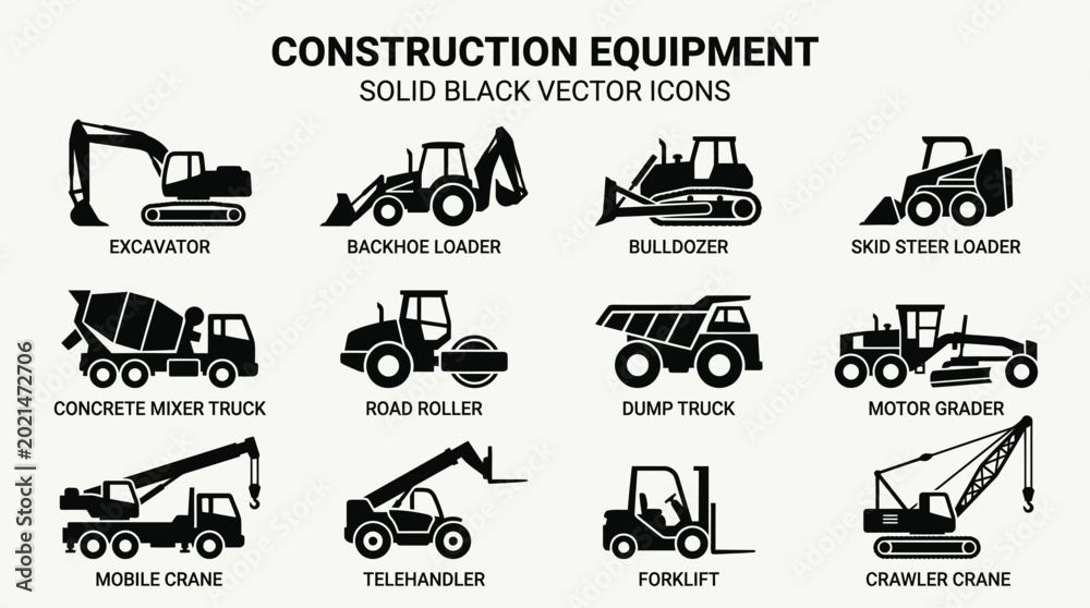 Obraz premium Black vector icons of construction machines.