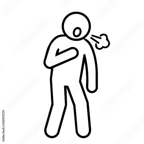 Person with shortness of breath and chest pain icon, minimalist line art of human figure struggling to breathe for medical, asthma, and respiratory health concept.
