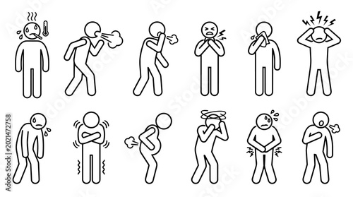 Sick person and flu symptoms icon set, minimalist line art of people with fever, cough, headache, sore throat, and stomach ache for medical and healthcare concept.