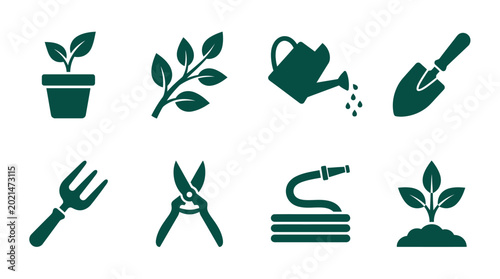 Canvastavla Set of gardening and plant care icons for horticulture and landscaping
