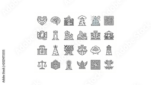 Minimal Psychological Architecture Symbolic Icon Set – Thin Line Black Outline Emotional Structure Vector Icons Grid