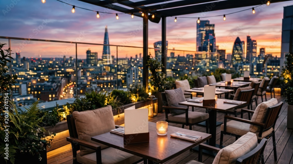 Naklejka premium Rooftop restaurant seating overlooking city skyline at dusk