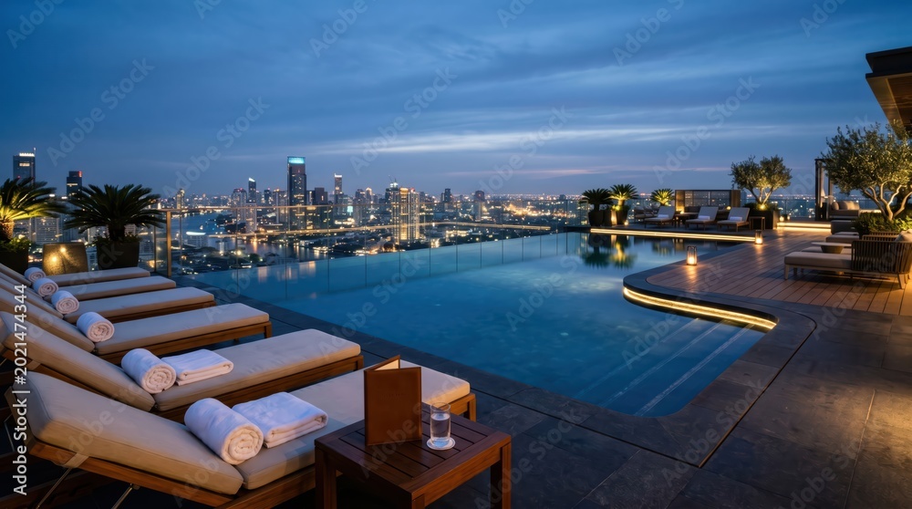 Naklejka premium Rooftop infinity pool overlooking urban skyline at dusk