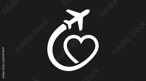 Airplane flying around a heart shape symbolizing love for travel.