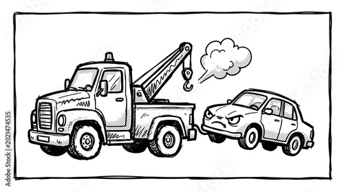 Cartoon tow truck towing a broken down car with an angry face.