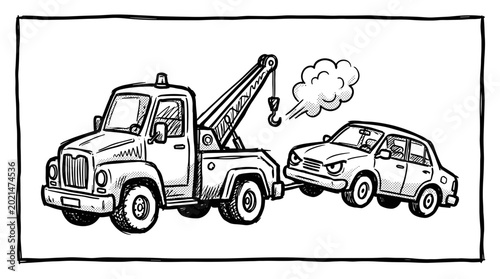 Cartoon Tow Truck Hauling Broken Down Car with Smoke.