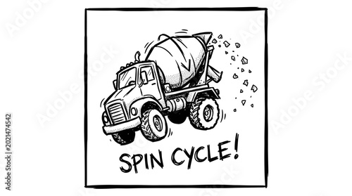 Cement mixer truck in motion cartoon illustration.