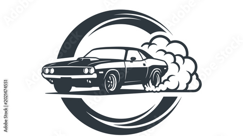 Classic Muscle Car Doing a Burnout Inside a Circle Emblem.