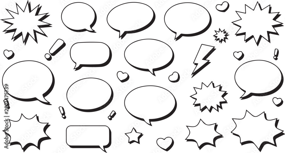 Fototapeta premium Assorted comic style chat bubbles and symbols including hearts stars and exclamation marks for visual design