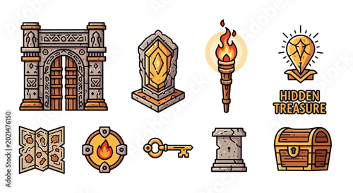 Foto Vintage treasure chest and icons.