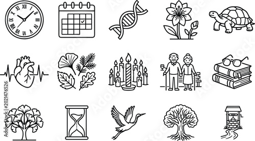Foto Aging and longevity symbols set including turtle clock dna strand elder couple hourglass and ginkgo biloba tree