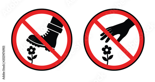Fotografi Prohibition sign icons for nature protection, do not pick flowers and do not ste