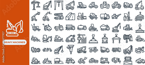 Canvas Print Heavy Machinery and Earthmoving Equipment outline icon set