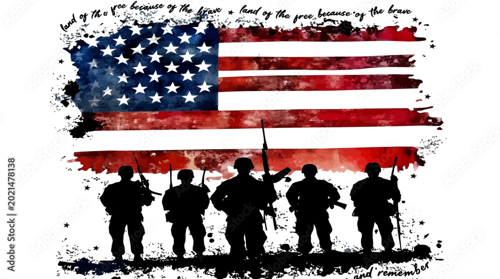 Fototapeta premium American soldiers in front of USA flag with patriotic quote