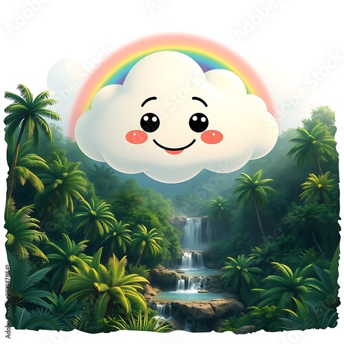 Smiling cartoon cloud with rainbow over tropical jungle waterfall