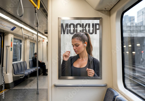 Vertical Poster Mockup inside Subway Train Carriage