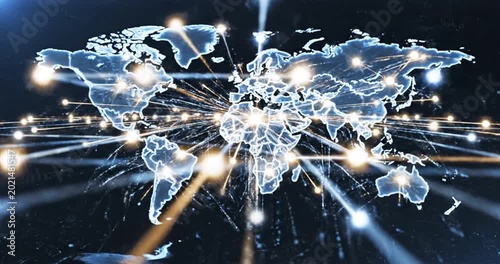 Abstract representation of a digital world map with interconnected data points and DNA strands
