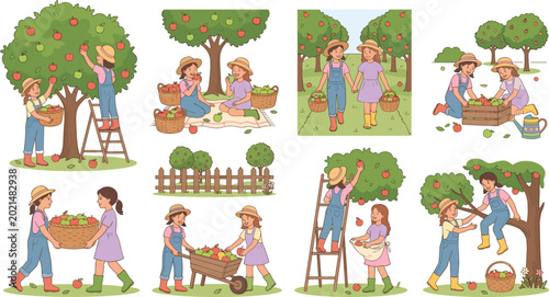 Tableau sur toile Happy children picking fresh red and green apples in orchard vector set garden h