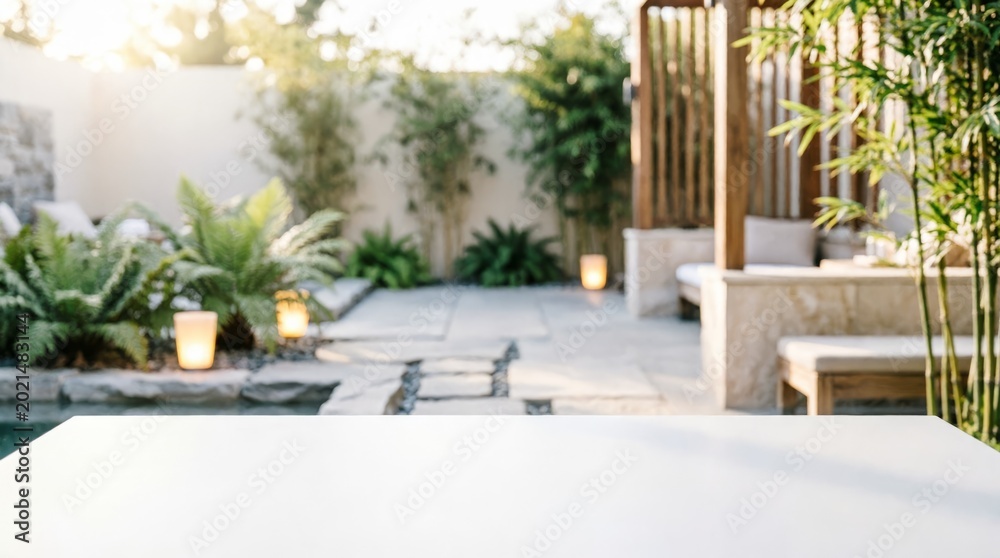 Fototapeta premium Serene Outdoor Patio with Bamboo and Candles for Web Design