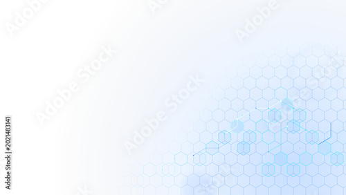 Hexagonal grid pattern with blue translucent hexagons in a scientific abstract concept with copy space