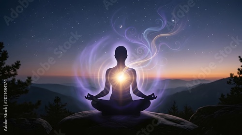 Meditative Silhouette With Glowing Heart Energy and Violet Aura Radiating Spiritual Calm