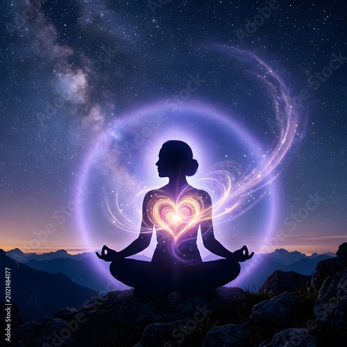 Meditative Silhouette With Glowing Heart Energy and Violet Aura Radiating Spiritual Calm