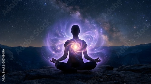 Meditative Silhouette With Glowing Heart Energy and Violet Aura Radiating Spiritual Calm