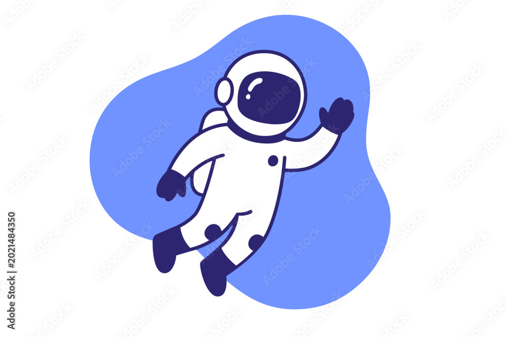 Fototapeta premium Astronaut cartoon clipart in space on purple blue organic shape with waving hand and white suit helmet minimal drawing vector on transparent background