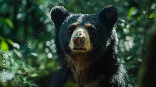 Close-up portrait of a spectacled bear in a lush green forest, looking directly at the camera.