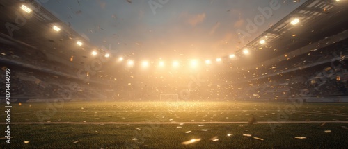 A wide stadium view at evening with golden lighting over the field, symbolizing a soccer championship win moment.